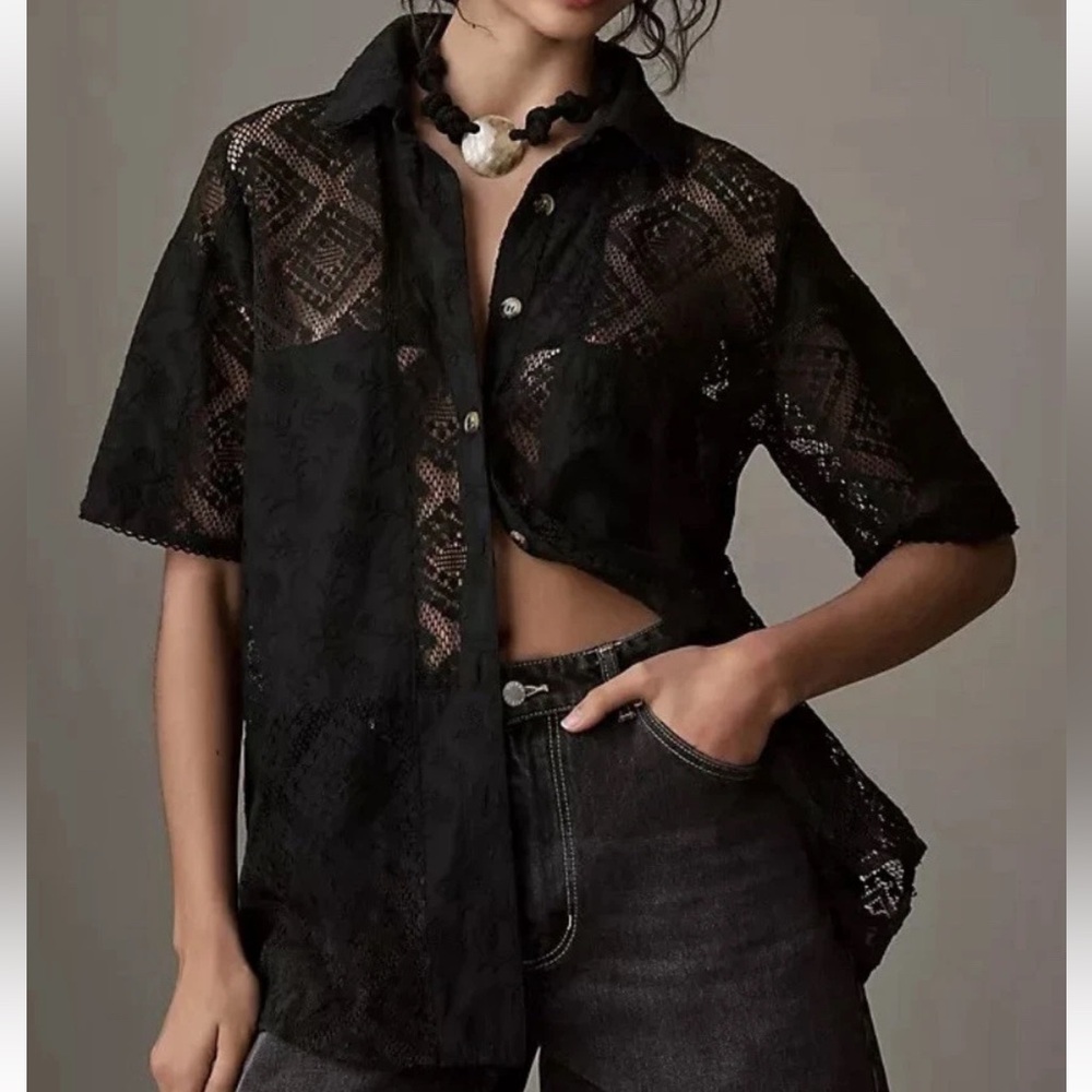 Anthropologie FARM Rio Short-Sleeve Black Lace Surf Shirt